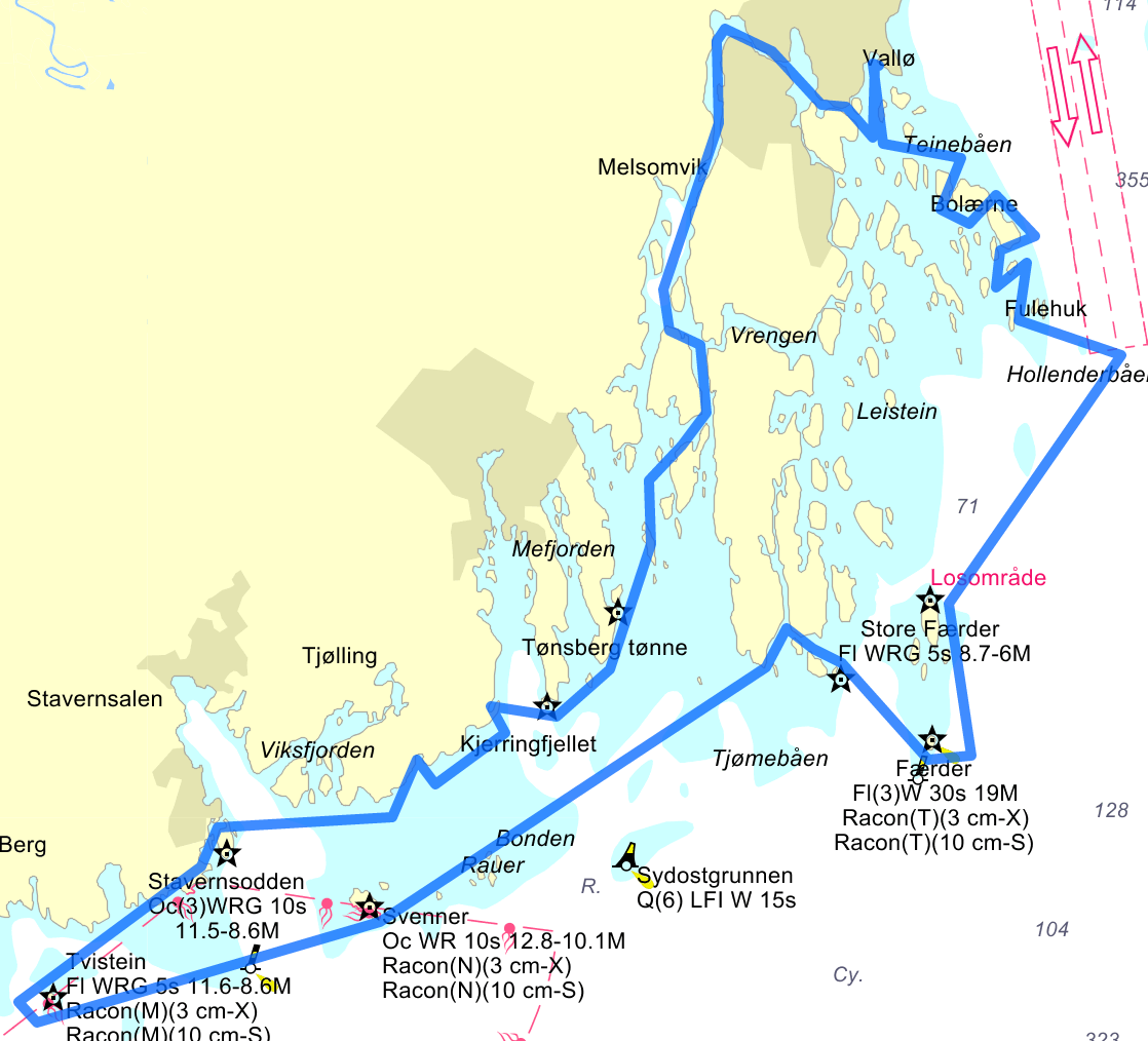 Kartutsnitt som viser ruta for Alle kystfyr i Vestfold