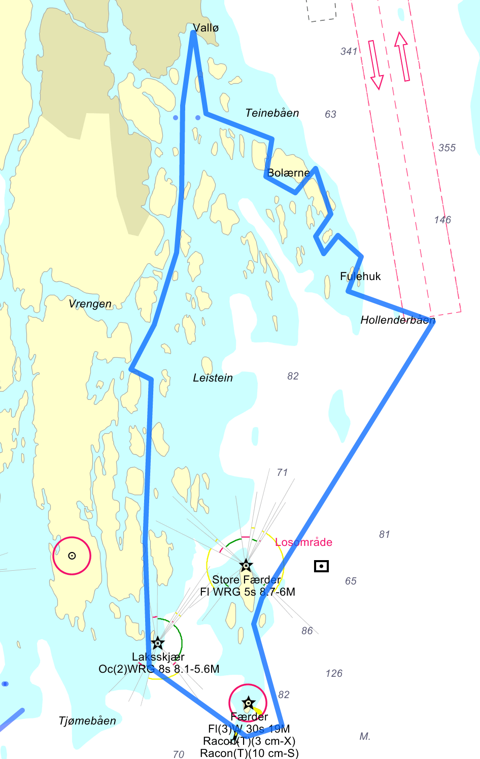 Kartutsnitt som viser ruta for Færder nasjonalpark på 2 timer